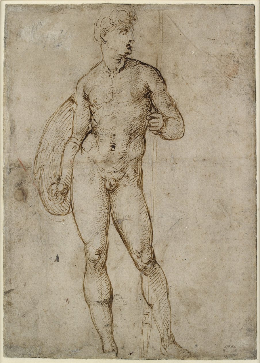 Recto: A Youthful Warrior, WA1846.163 (pen og brunt blæk, nogle muligvis ikke-relaterede blinde stylus-mærker) af Raffaello Sanzio Raphael