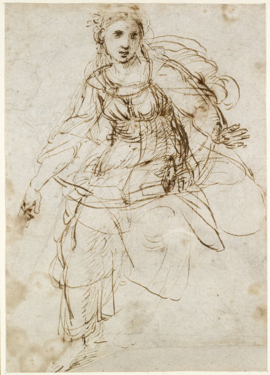 Recto: Allegorical Figure of Theology, WA1846.195 (pen & brunt blæk, med separate spor af ledepunkt på recto) af Raffaello Sanzio Raphael