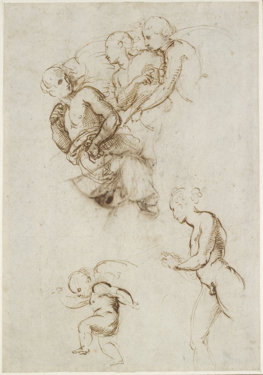 Recto: Studies for a Group of flying Angels, WA1846.190 (pen & brunt blæk på hvidt papir) af Raffaello Sanzio Raphael