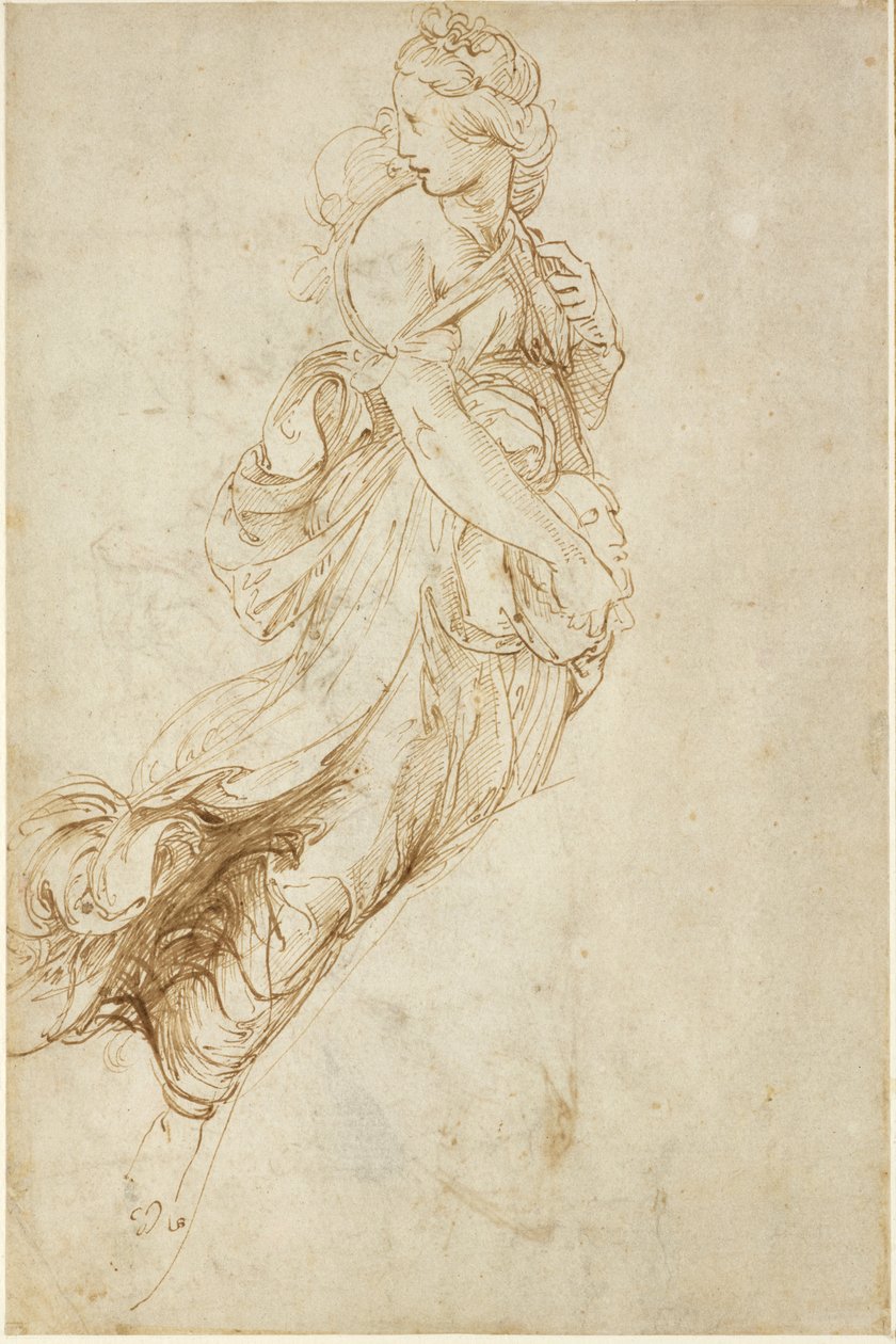 Recto: Study for the Figure of Melpomene, WA1846.182 (pen & brunt blæk over blind stylus) af Raffaello Sanzio Raphael