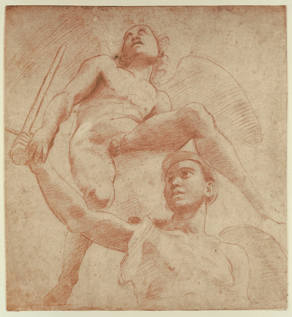 Engel og en figur, der repræsenterer planeten Mars (rødt kridt på papir) af after Raphael