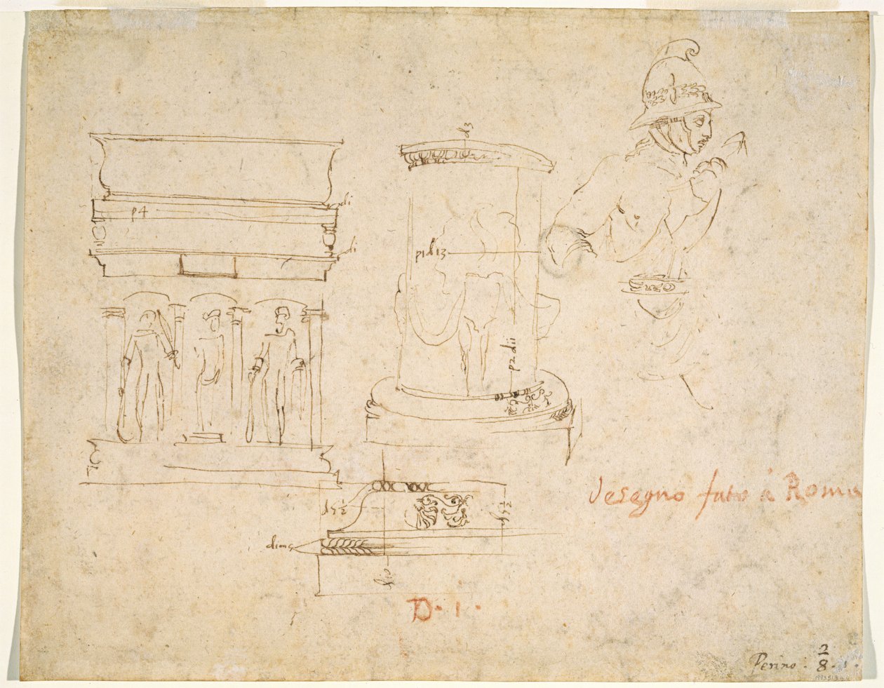 Arkitektoniske detaljer og en soldat [verso] af Raphael