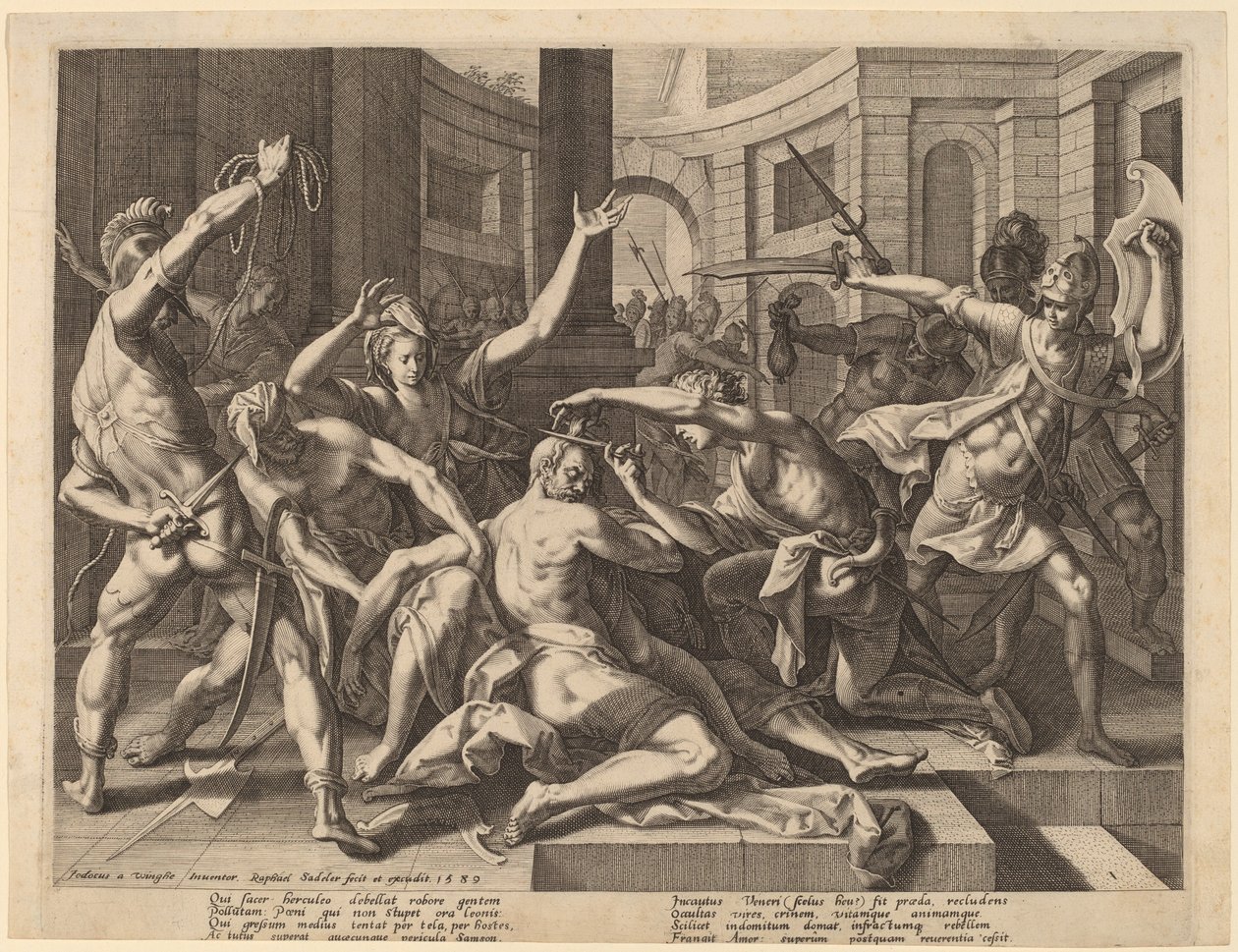 Delila klipper Samsons hår, 1589. af Raphael Sadeler