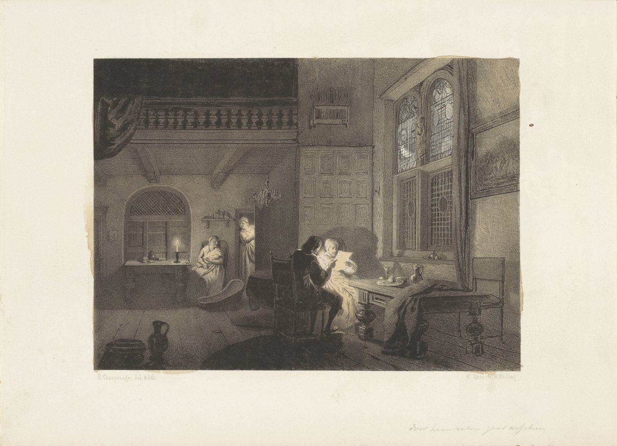 Interiør med figurer ved levende lys af Reinier Craeyvanger