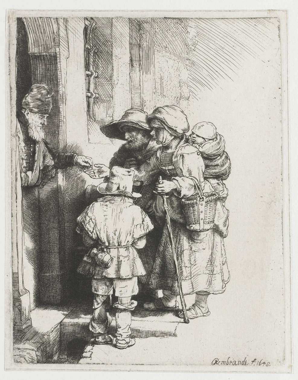 En blind, robust, robust spiller og familie, der modtager almisser af Rembrandt van Rijn