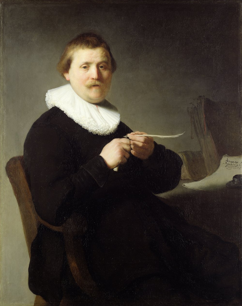 Mand, der sliber en fjerpen, 1632 af Rembrandt van Rijn