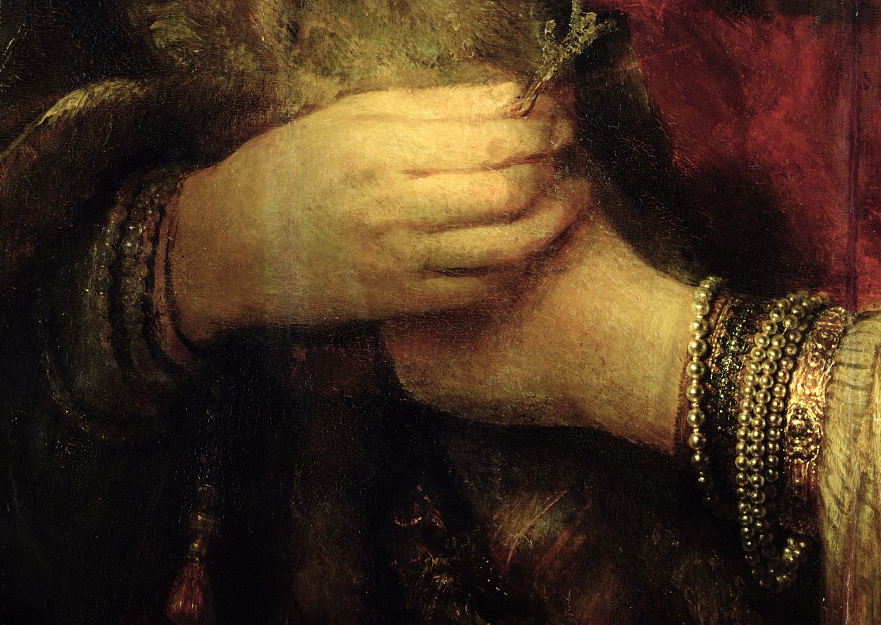 Portræt af Saskia van Uylenburgh (1612-42) i rigt kostume (detalje) (se 244316) af Rembrandt van Rijn