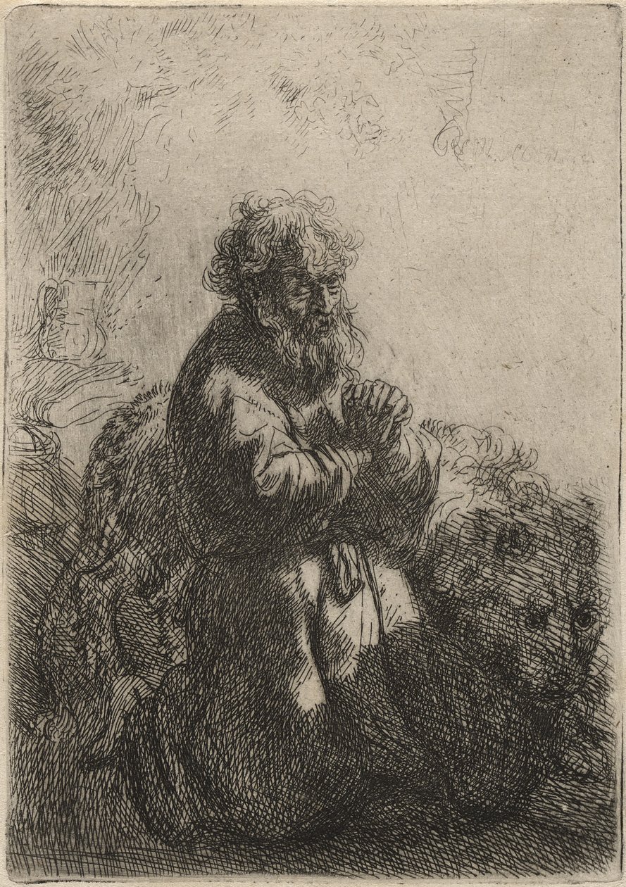 Sankt Jerome knæler i bøn, ser ned, 1635 (radering på papir) af Rembrandt van Rijn