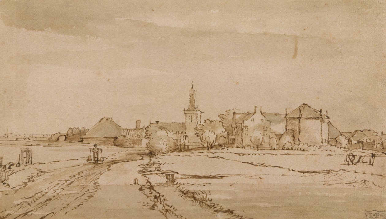 Udsigt over Diemen, ca. 1650-52 (pen, brunt blæk, vask på papir) af Rembrandt van Rijn