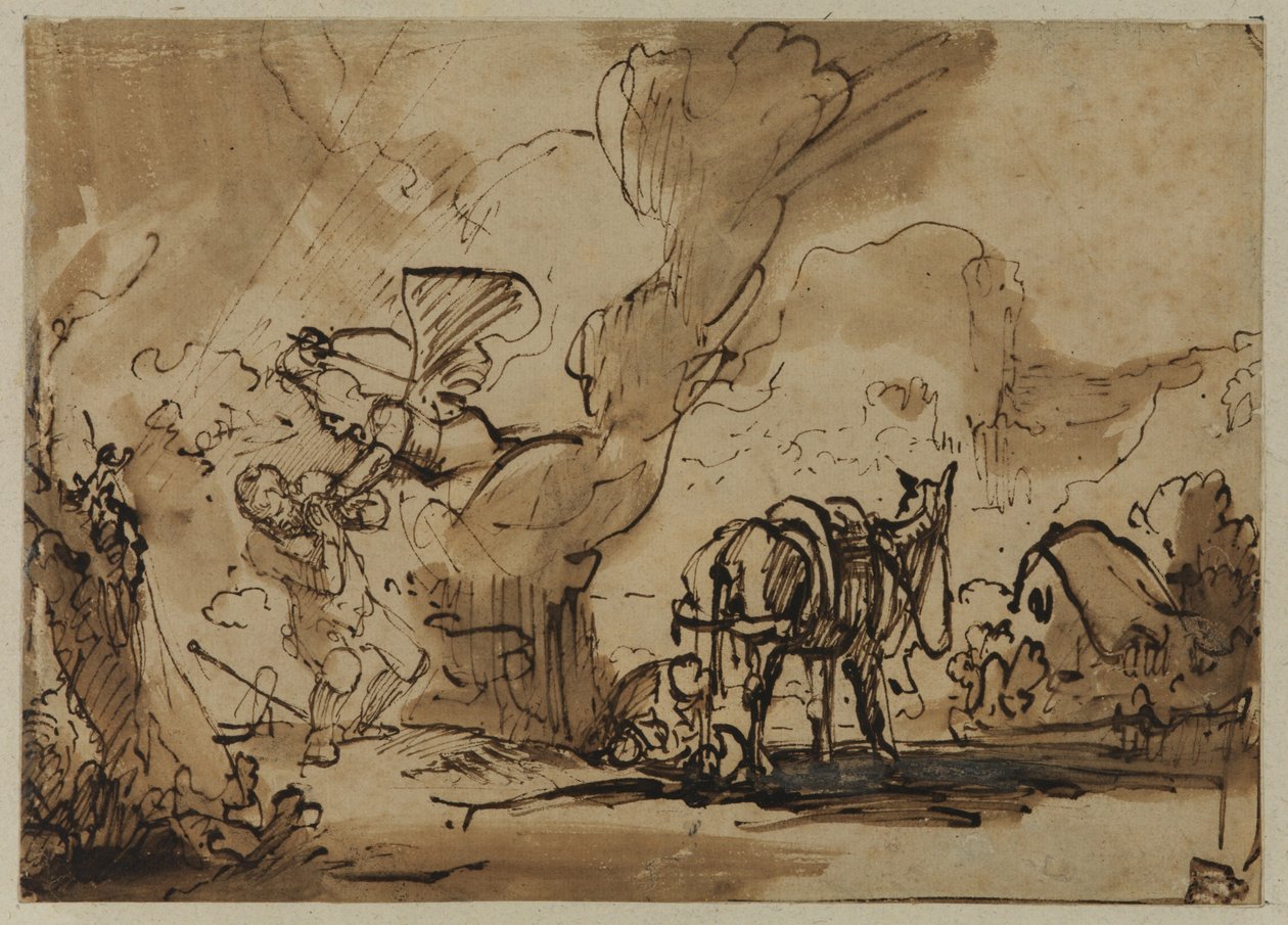 Herrens engel angriber Moses og Zippora omskærer deres søn for at dæmpe Guds vrede (pen & blæk og wc på papir) af Rembrandt van Rijn