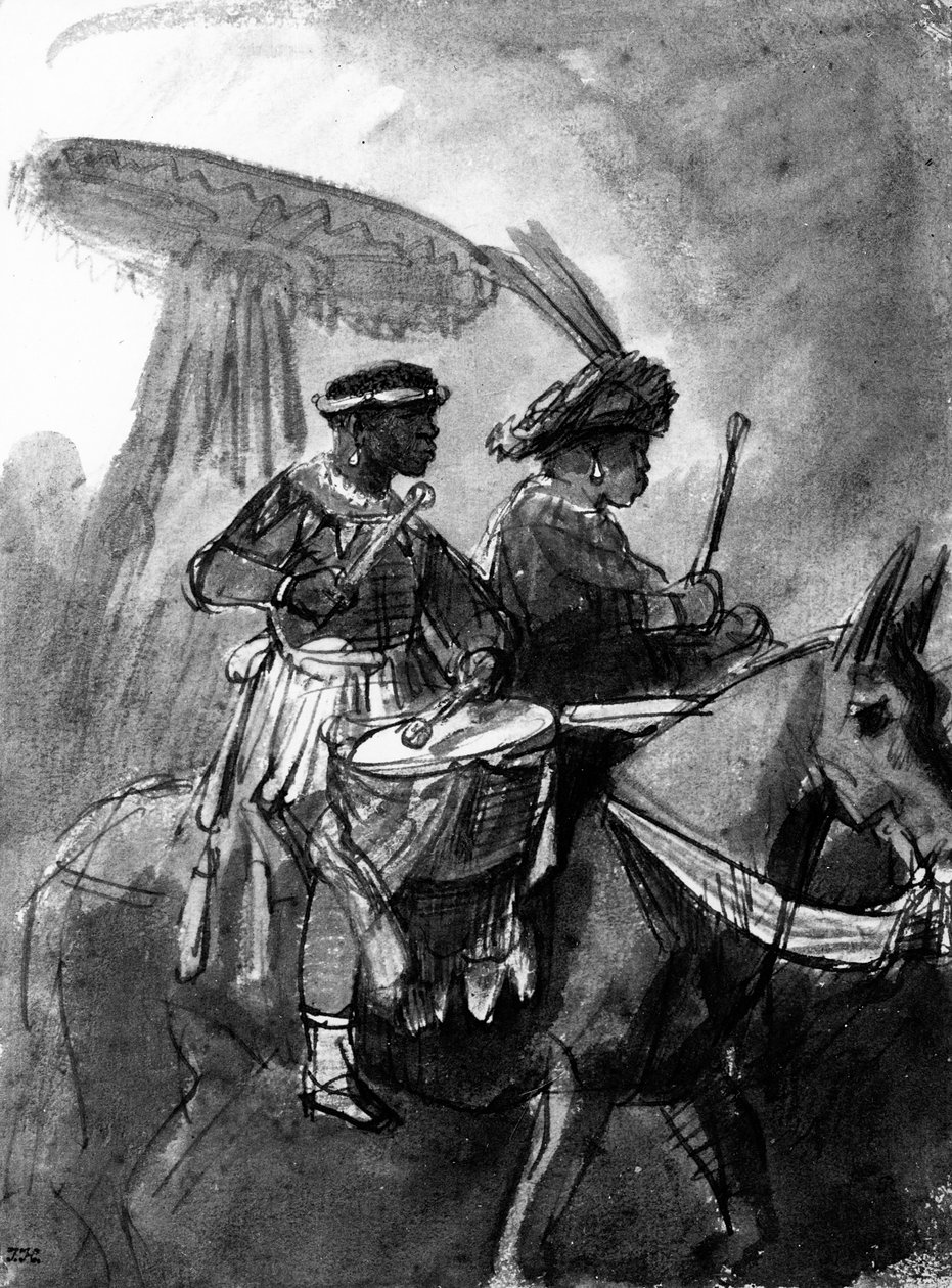 En trommeslager og kommandør monteret på muldyr, ca. 1638 (pen, blæk og vask på papir) af Rembrandt van Rijn
