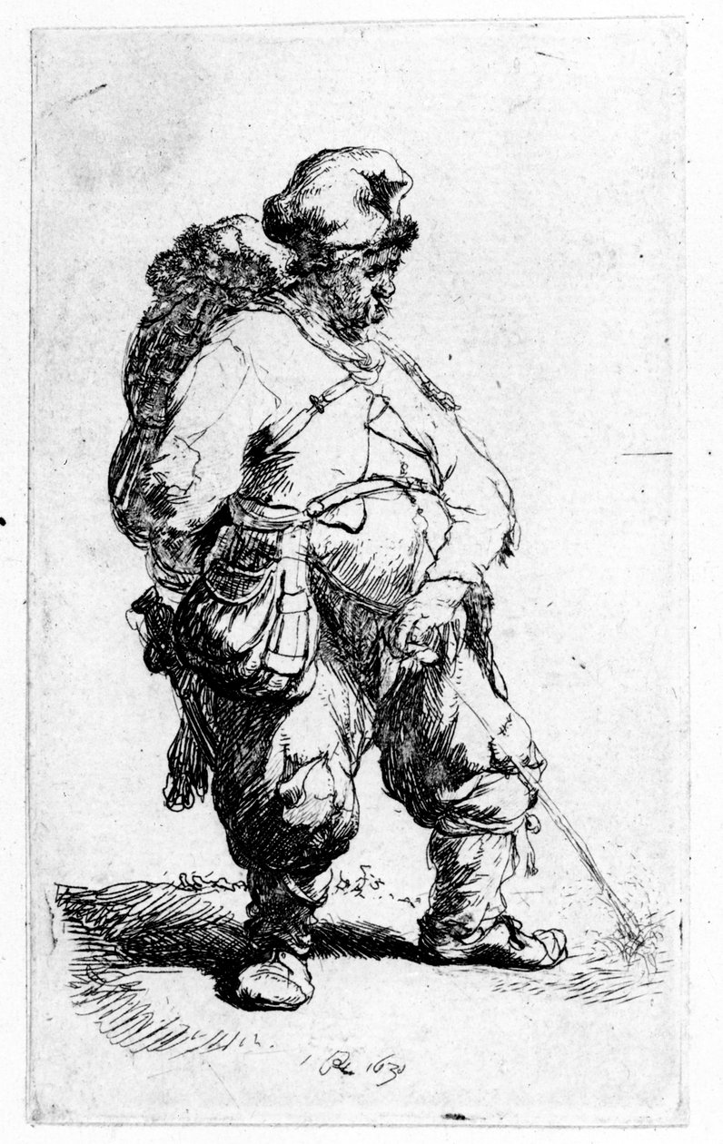 En mand, der tisser, 1631 (eching) af Rembrandt van Rijn