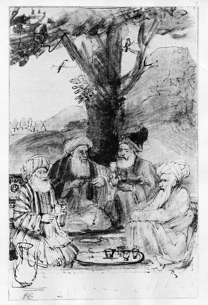 Fire orientalere siddende under et træ, ca. 1659 (pen, blæk og vask på papir) af Rembrandt van Rijn