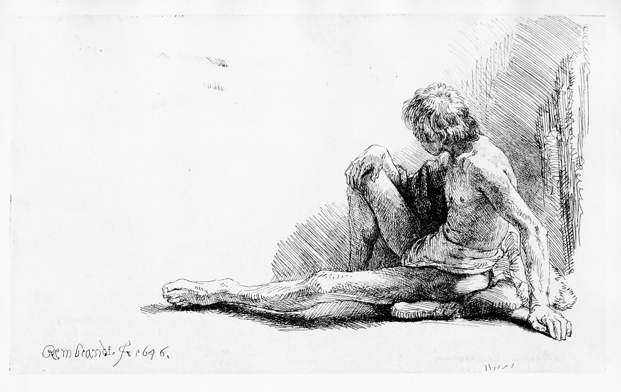 Mand siddende på jorden, 1646 af Rembrandt van Rijn