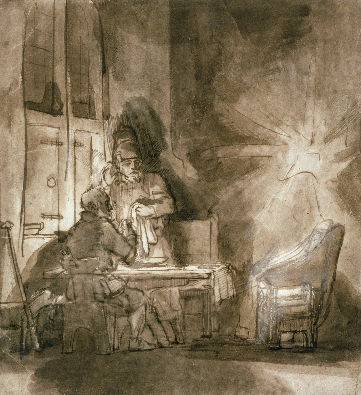 No.2139 Nadver i Emmaus, ca. 1648-9 (pen og blæk og brun vask) af Rembrandt van Rijn