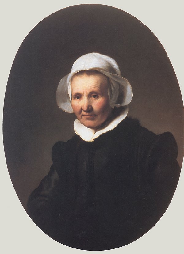 Portræt af en dame i sort kostume og en kasket og krave af Rembrandt van Rijn