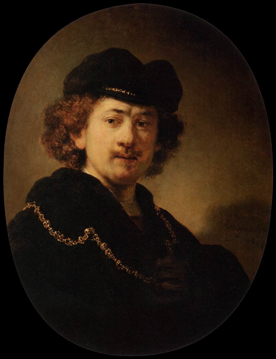 Selvportræt iført toque og guldkæde af Rembrandt van Rijn