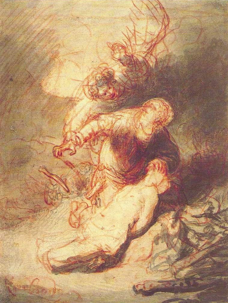 Englen forhindrede Abraham i at ofre sin søn, Isak af Rembrandt van Rijn