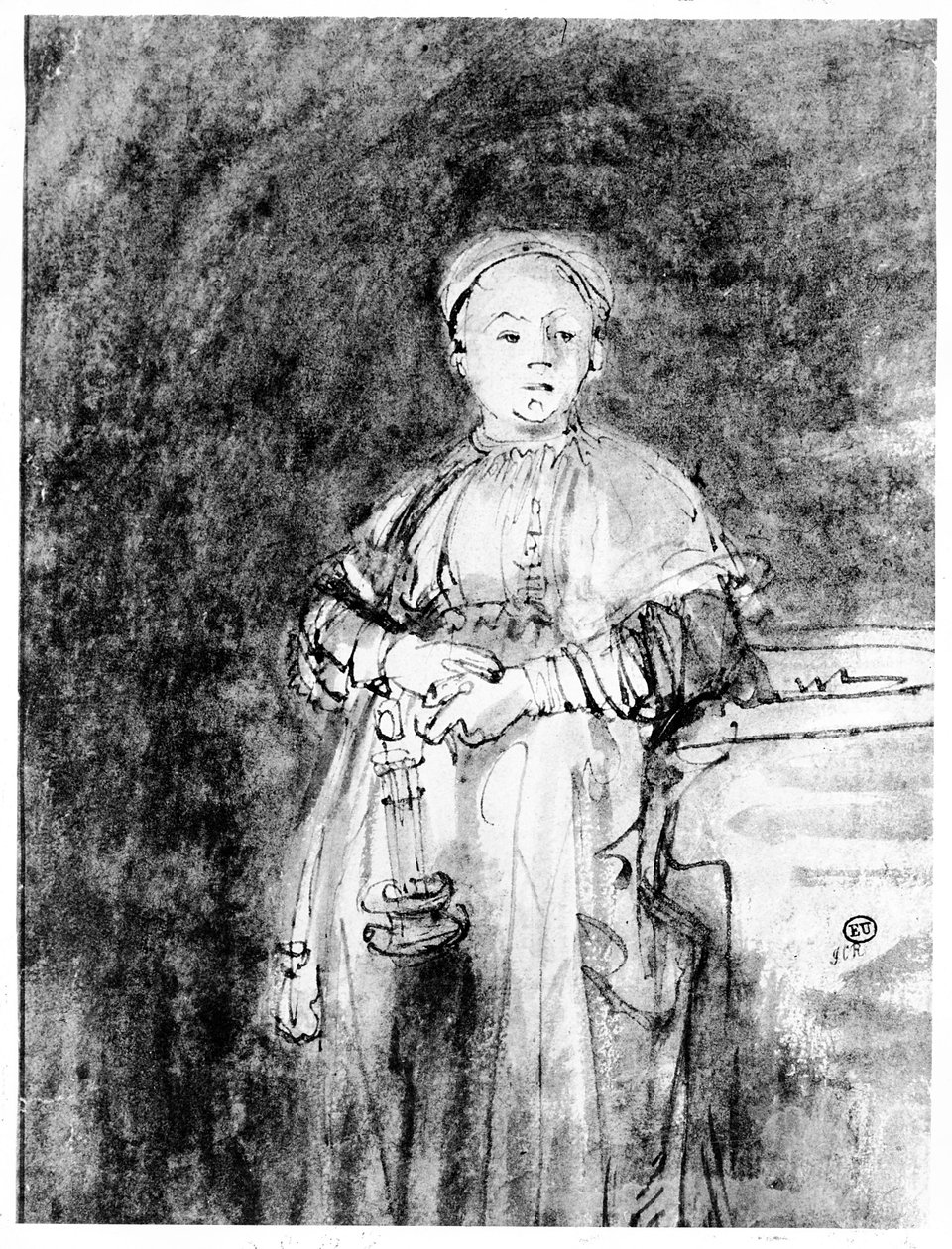 Kvinde med et stearinlys, ca. 1631 (pen, blæk og vask på papir) af Rembrandt van Rijn