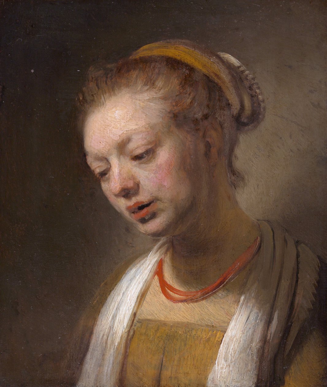 Ung kvinde med en rød halskæde af Rembrandt van Rijn