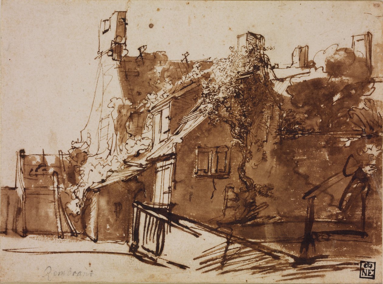 Bondegård i sollys af Rembrandt van Rijn