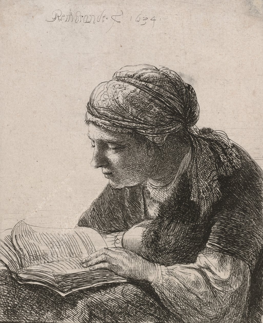 Kvinde læser, 1634. af Rembrandt van Rijn