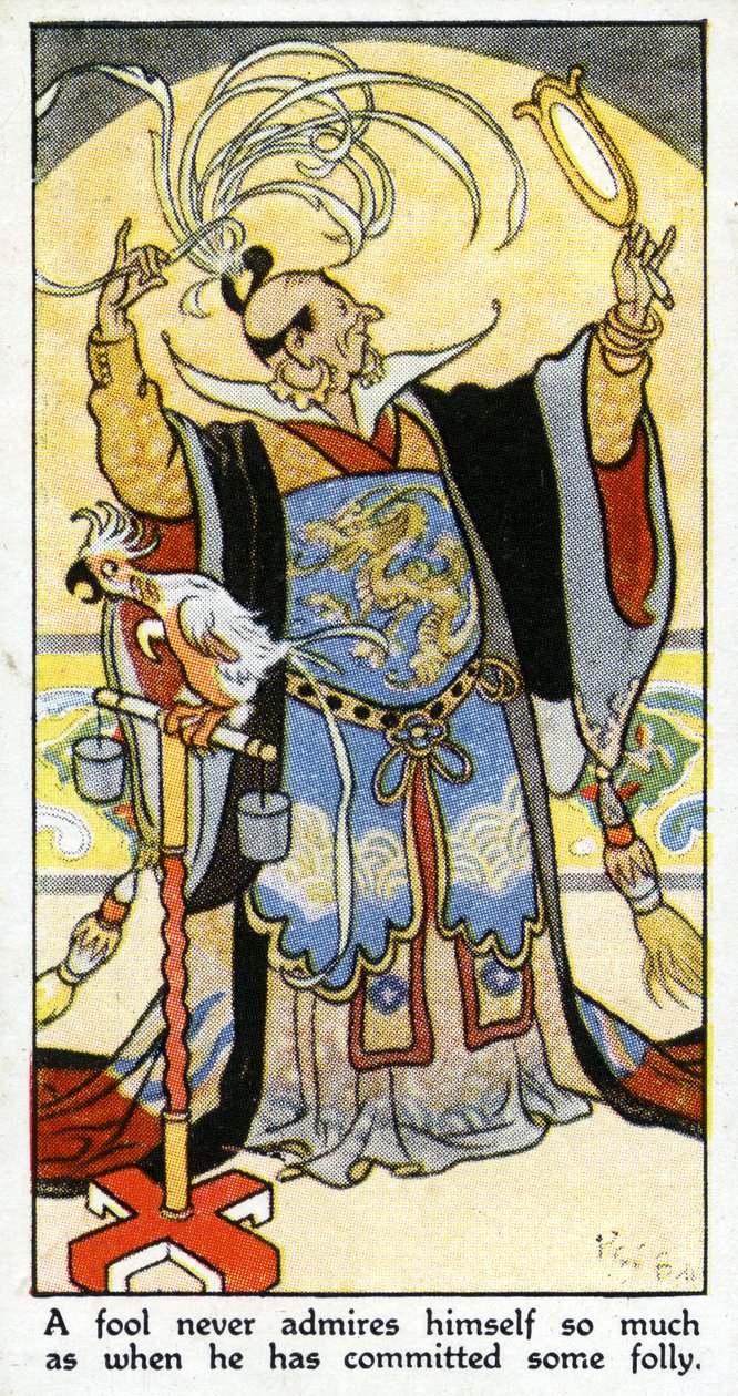 "En tåbe beundrer aldrig sig selv så meget, som når han har begået en tåbelighed", 1931 (se også 498209) af René Bull