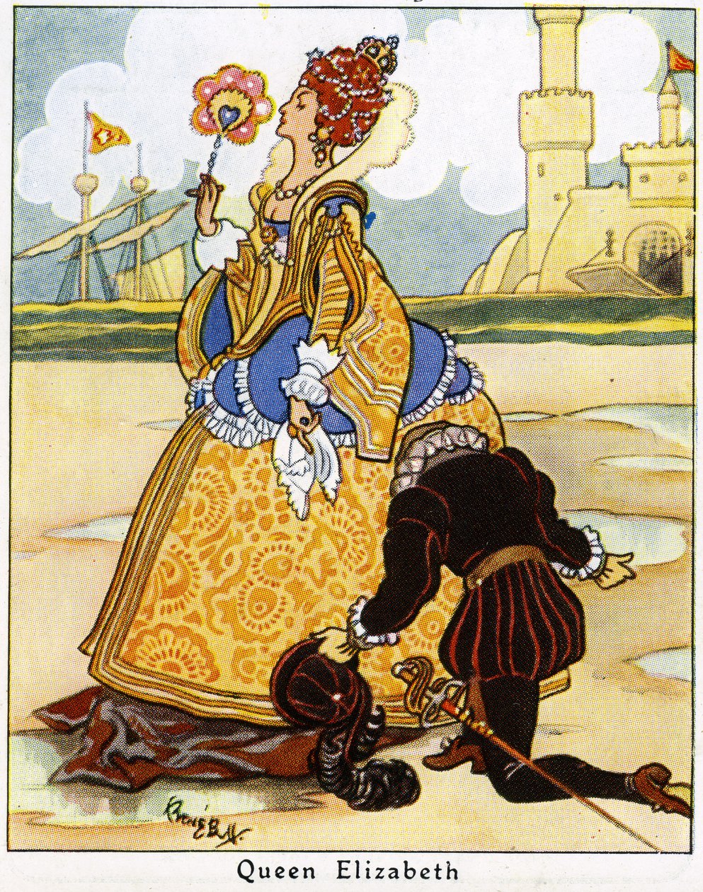 Sir Walter Raleigh lægger sin kappe for dronning Elizabeth I for at gå over en vandpyt, 1936 af René Bull