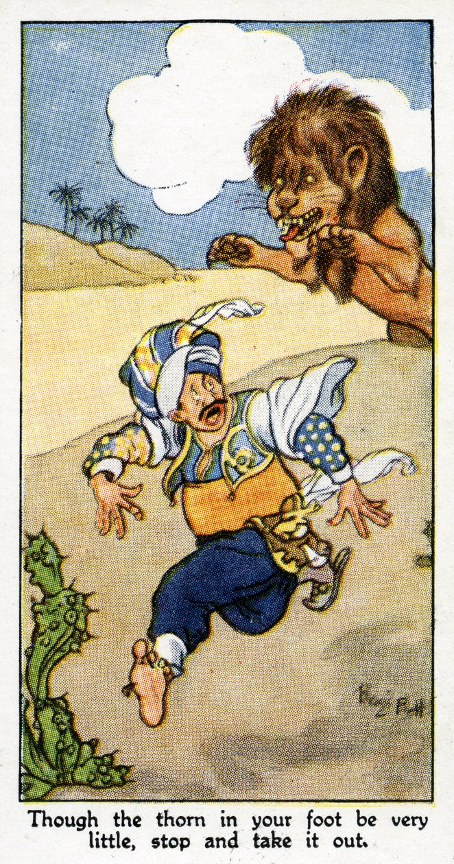 "Selvom tornen i din fod er meget lille, stop og tag den ud", 1931 (se også 498223) af René Bull