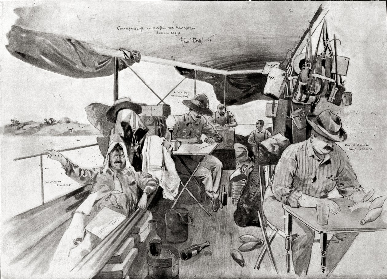 Krigskorrespondenter på vej til Khartoum, trykt i "sort og hvidt", 20. august 1898 (litografi) af René Bull