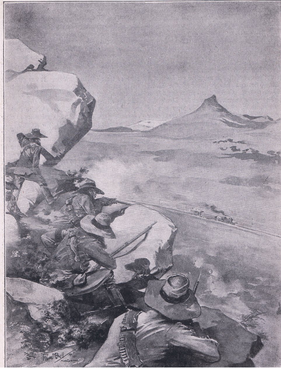 Boere skyder på General Frenchs tog (litho) af René Bull