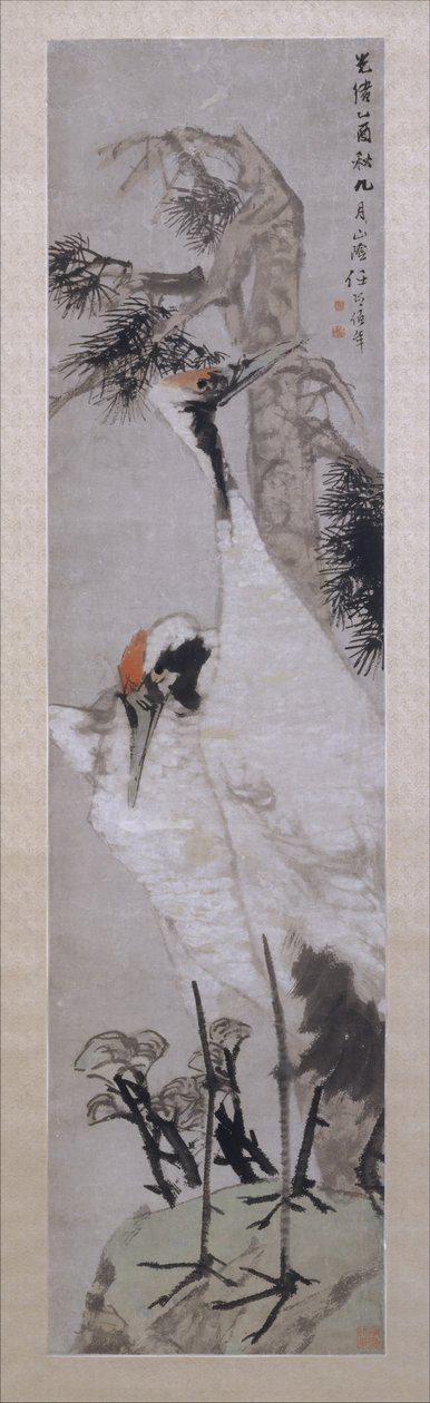 Traner, fyrretræ og lav, dateret 1885. af Ren Yi