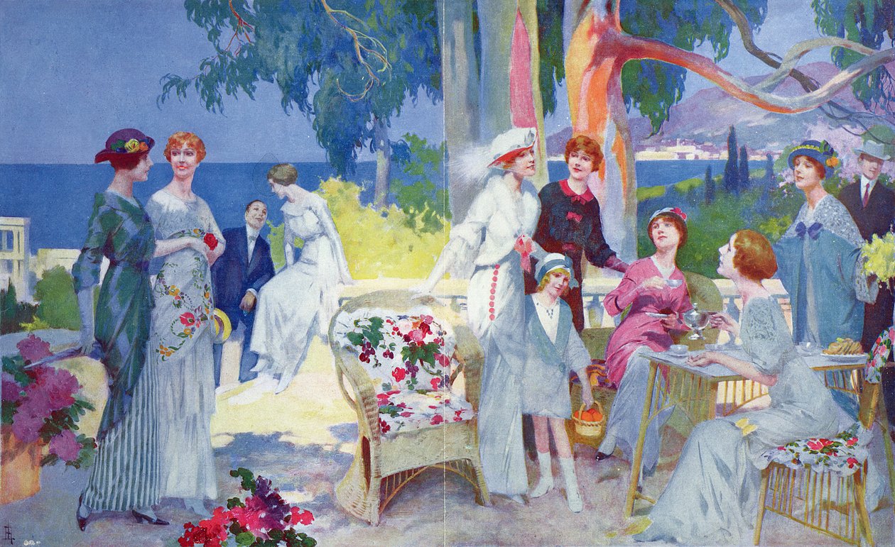 Tea Party i en have på den franske riviera, illustration fra 