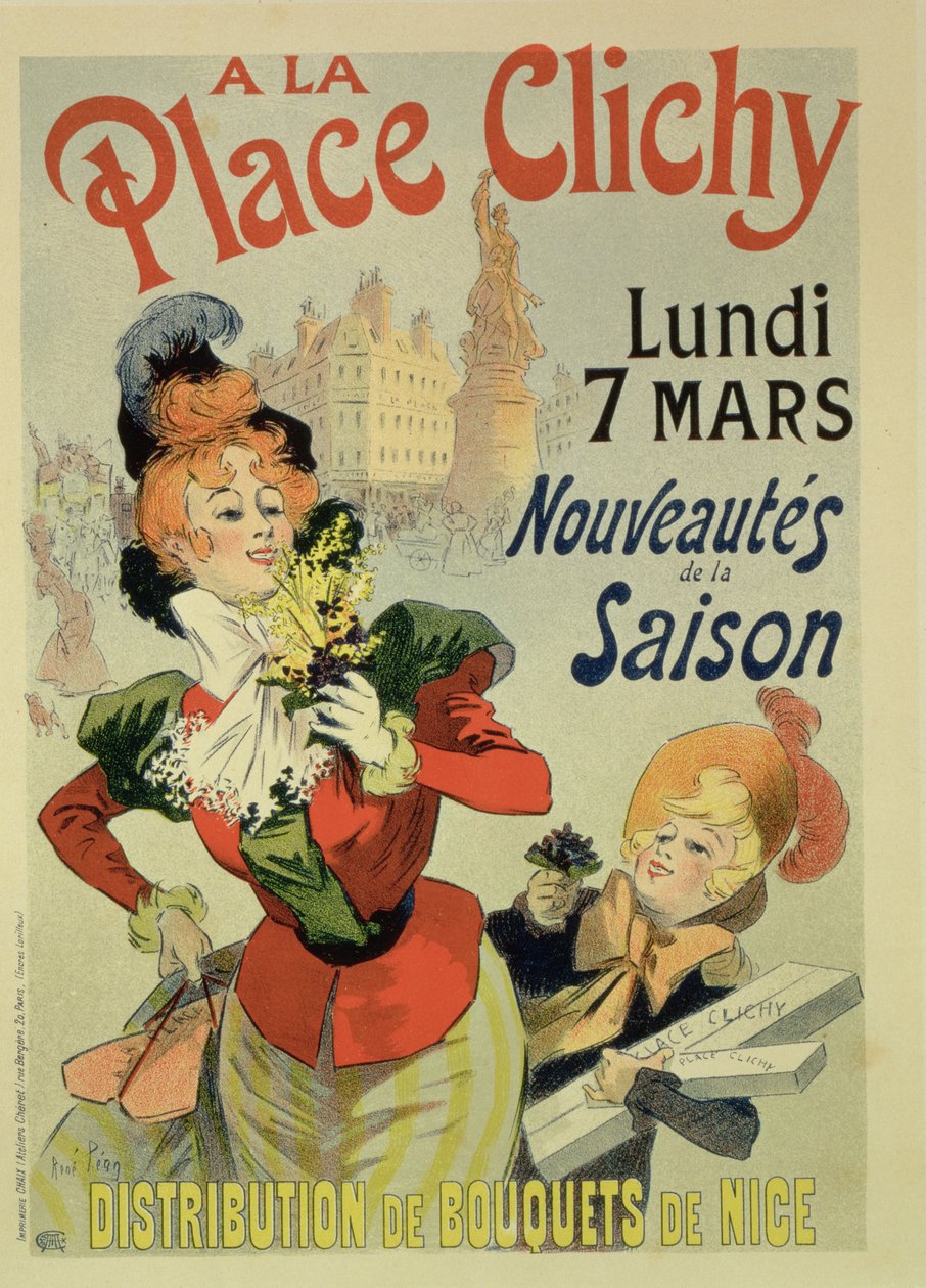 Reproduktion af en plakat, der reklamerer for butikken "A La Place Clichy", 1898 af Rene Pean