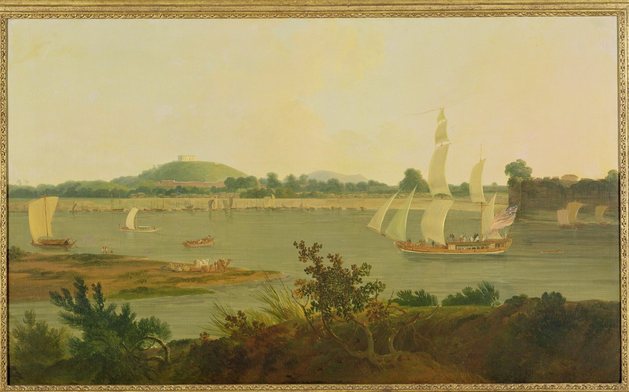 Pinnace sejler ned ad Ganges forbi Monghyr Fort, ca. 1791 af Rev. Edward Thomas Daniell