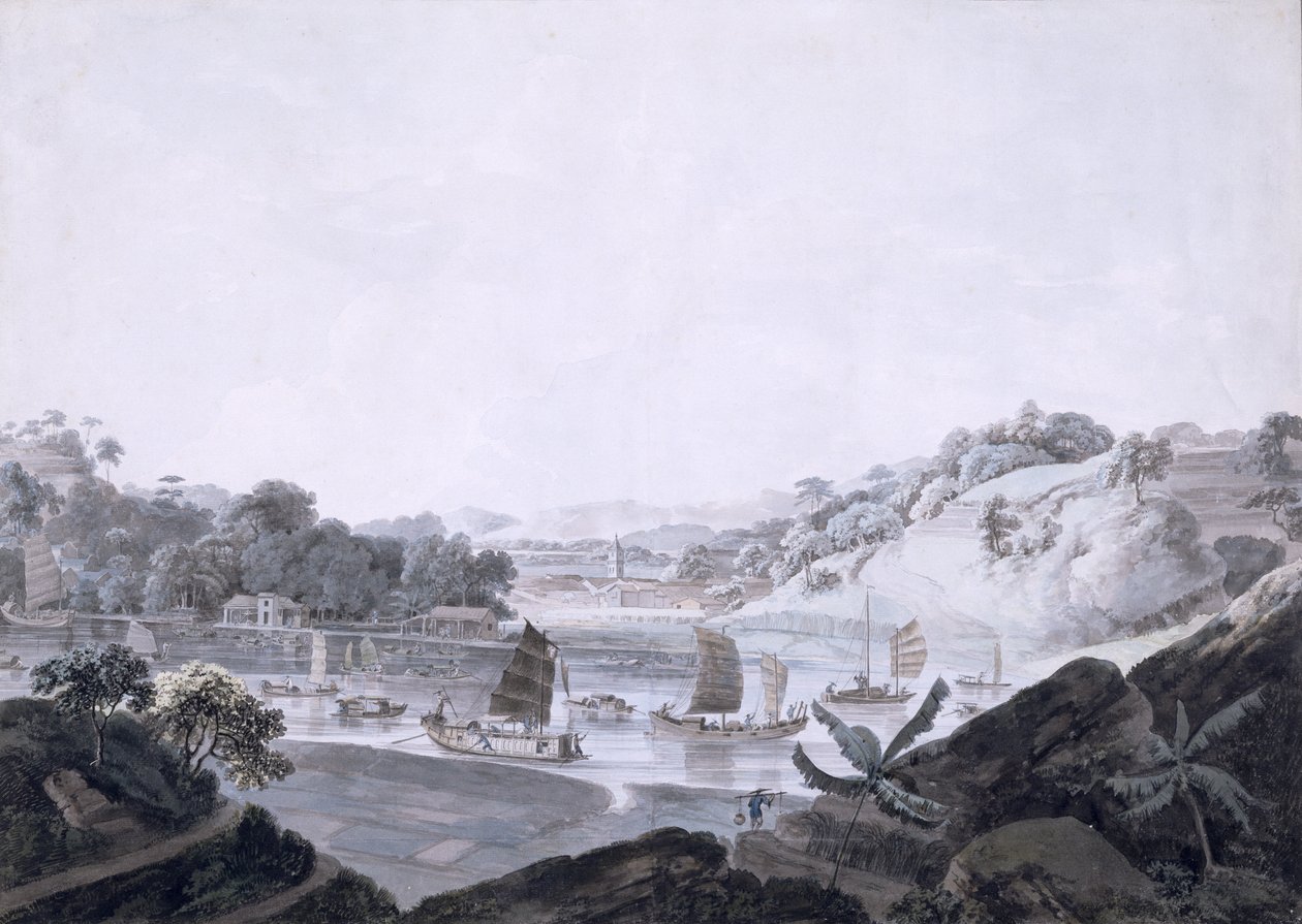 Udsigt over Some-Cheon på French Island, taget fra Danes Island, Kina, 1793-94 (wc over grafit på lagt papir) af Rev. Edward Thomas Daniell