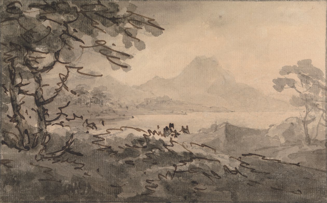 En sø med bjerge, der rejser sig hinsides af Rev. William Gilpin
