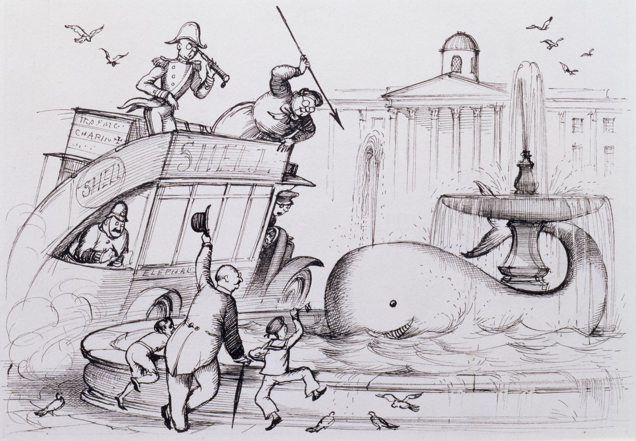 A Whale in Trafalgar Square, ca. 1930 (pen og blæk) af Rex Whistler