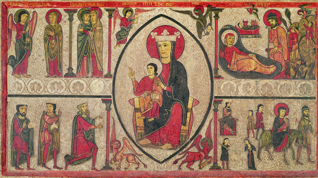 Alterfrontal fra kirken Santa Maria de Cardet, Vall de Boi, Spanien, der forestiller Madonnaen og fire scener fra hendes liv, 1150-1200 (tempera på panel) (se også 498165) af Ribagorça Workshop Johannes Pintor