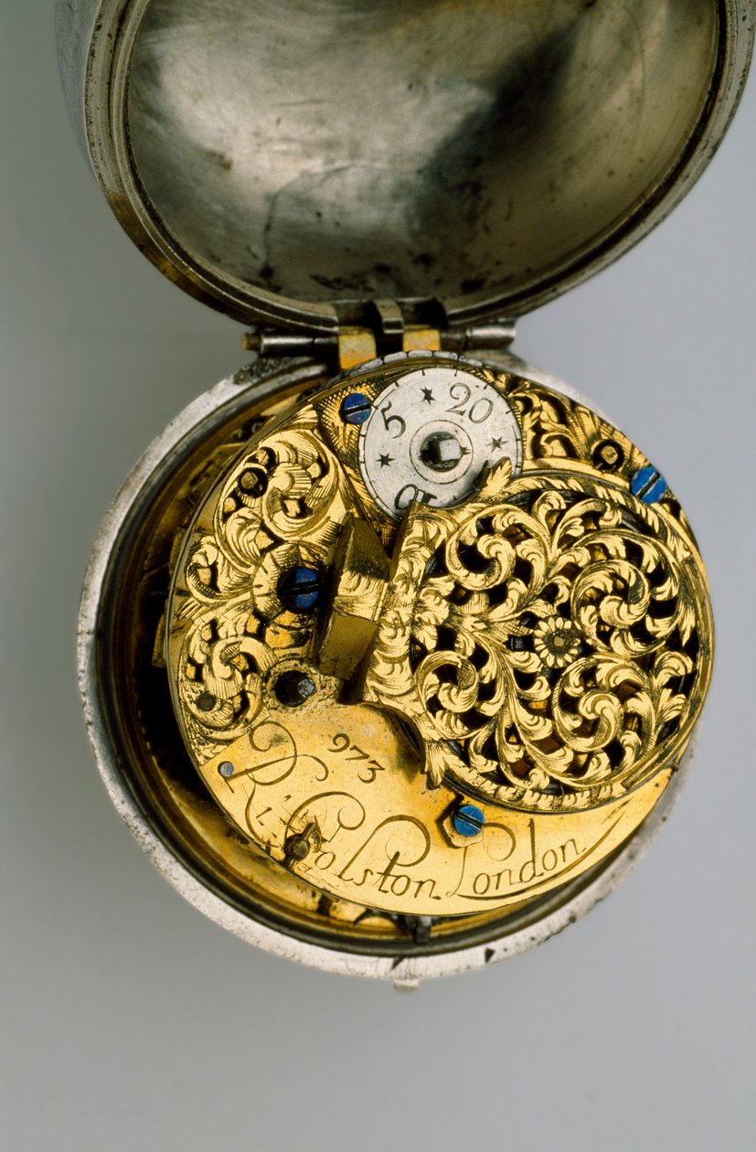 Interiør af et kantur med par ur, ca. 1685 (sølv og messing) af Richard Colston
