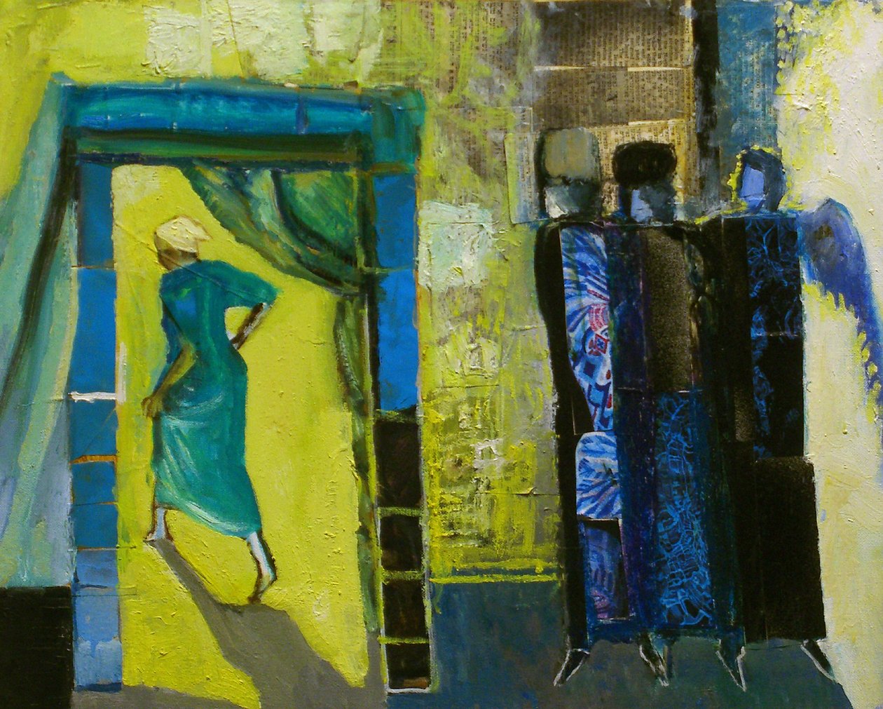 Sarah og de tre engle, 1998 (olie og collage på lærred) af Richard Contemporary Artist Mcbee