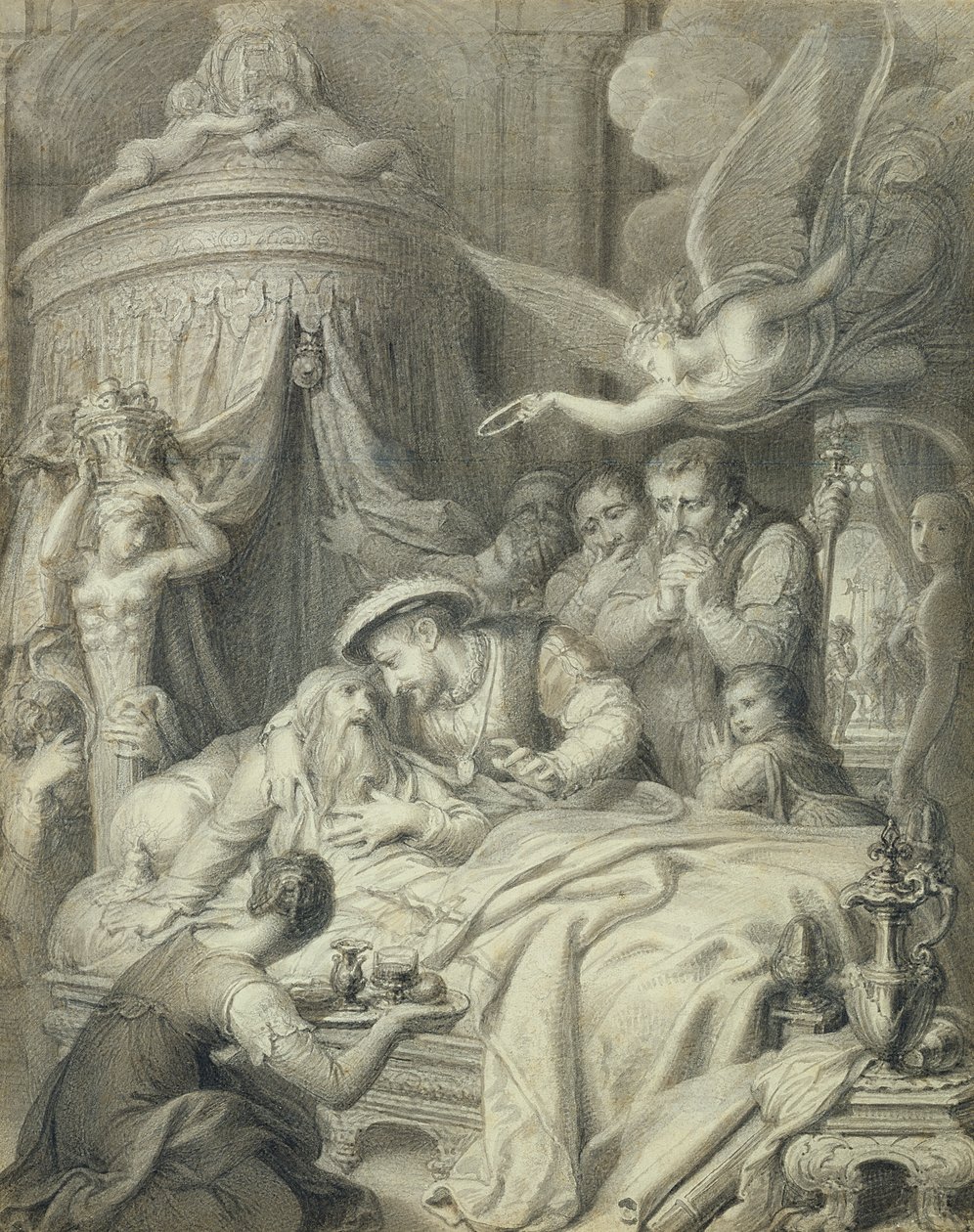 Leonardos død i 1519 (blyant, blæk og vask på papir) af Richard Cosway
