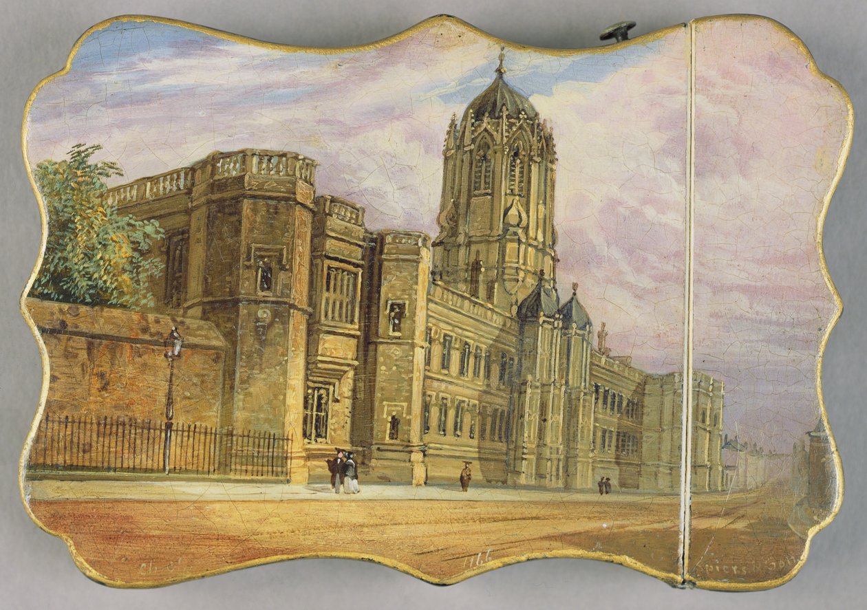 Victoriansk kortetui med en scene af Christ Church, Oxford og Tom Tower (papier mache) af Richard Phene and Benjamin W. Spiers