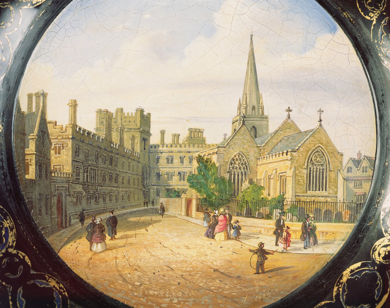 Victoriansk kortbakke dekoreret med en scene af Pembroke College, Oxford og St. Aldates kirke (papier mache) af Richard Phene and Benjamin W. Spiers