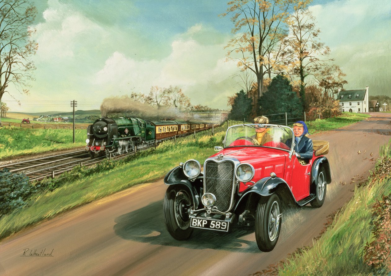 Racing the Train, 1995 (wc & gouache ombord) af Richard Wheatland