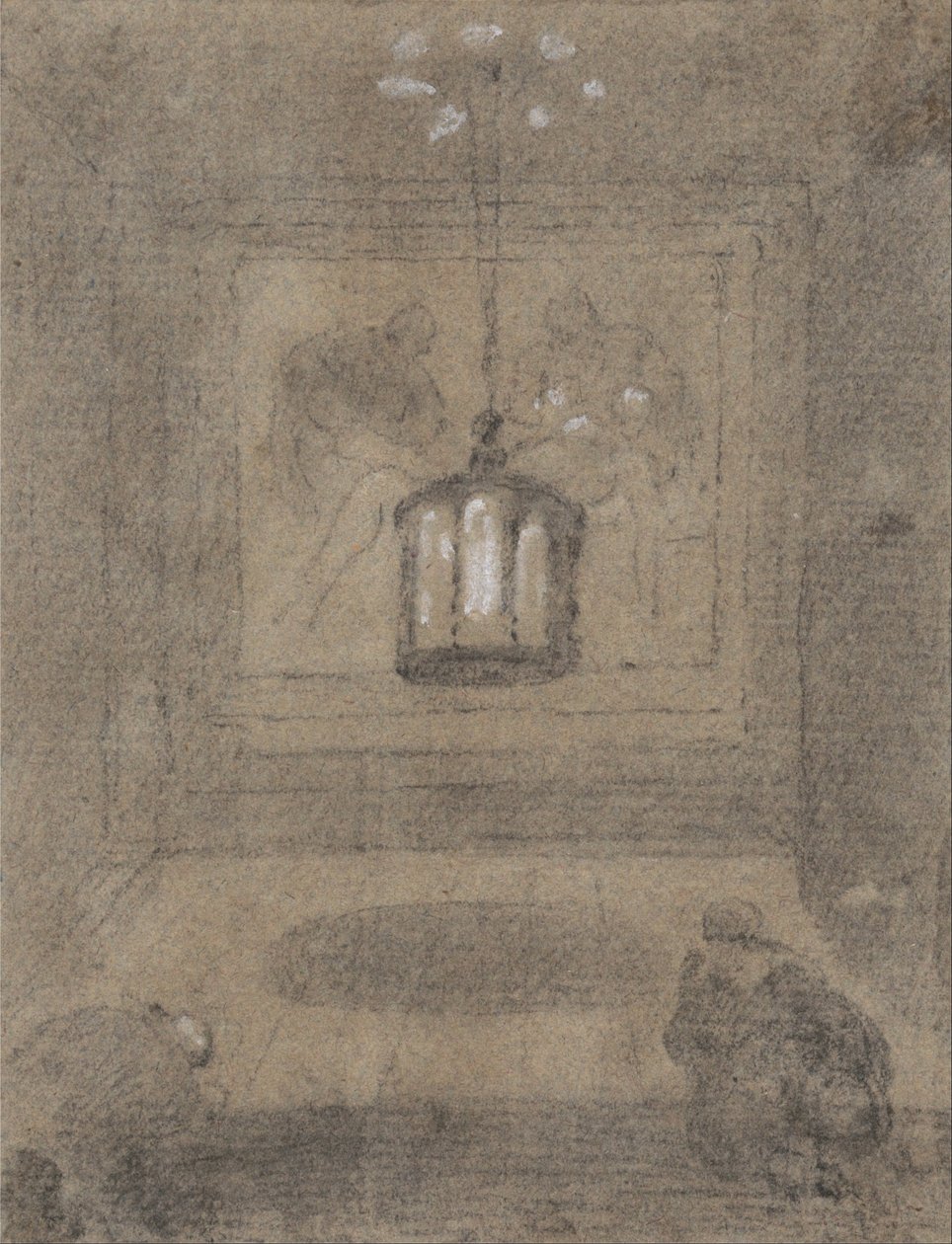 En underjordisk helligdom med to knælende figurer foran en Pieta af Richard Wilson