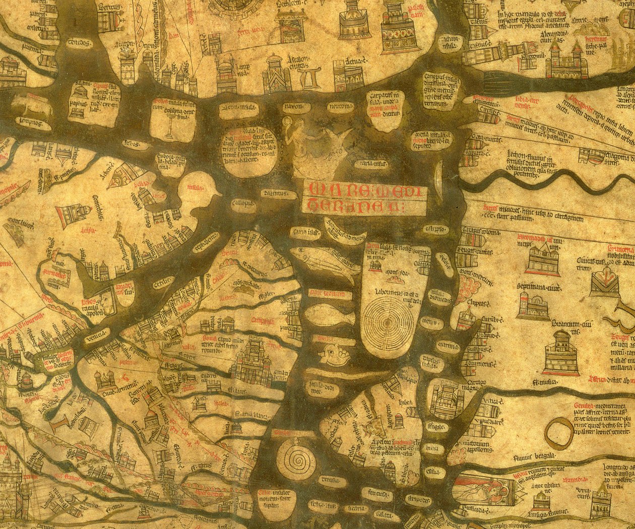 Detalje af Middelhavet fra Mappa Mundi, c.1290 af Richard of Haldingham fl.c.1260 1305 Richard of Haldingham fl.c.1260 1305