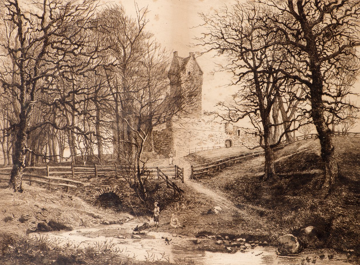 Mains Castle (ætsning) af Richard Davidson Winter