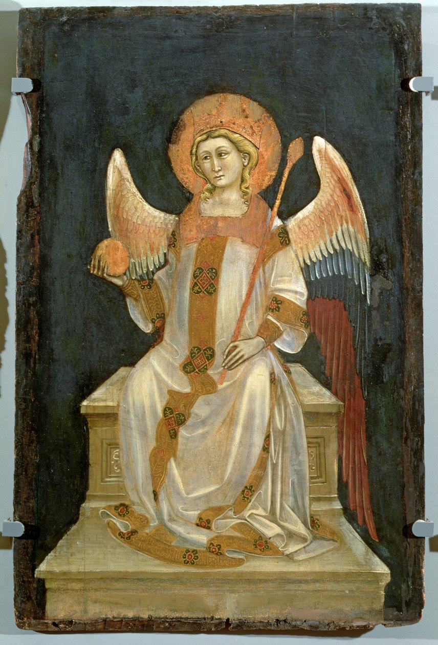 Englen sidder på en trone, kuglen i den ene hånd, sceptret i den anden, ca. 1348-54 af Ridolfo di Arpo Guariento