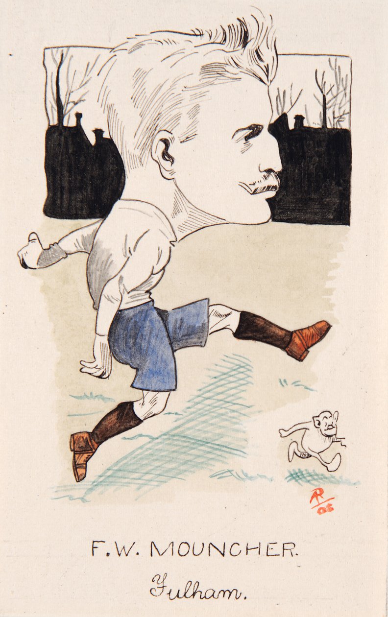Fred Mouncher, Fulham, tegning til et sæt cigaretkort, 1907 (pen og blæk på kort) af Rip